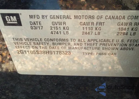 2017 Chevrolet Impala 1Lt из США, поврежденный, VIN 2G1105S38H9178323